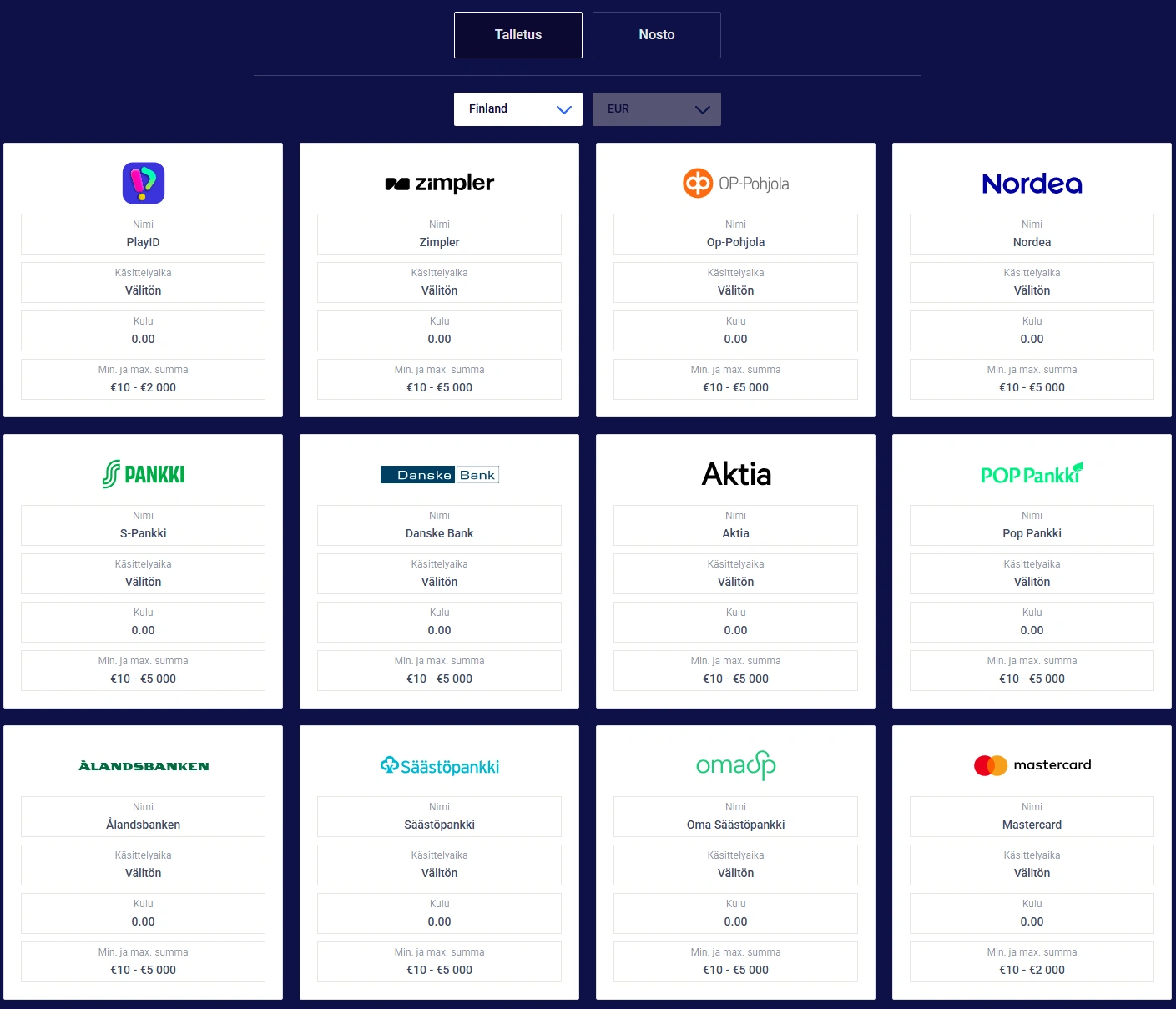 Talletukset ja kotiutukset Frumzi Casinolla