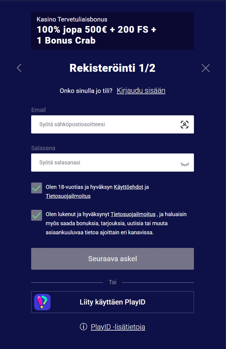 Rekisteröityminen ja sisäänkirjautuminen Frumzi Casinolla
